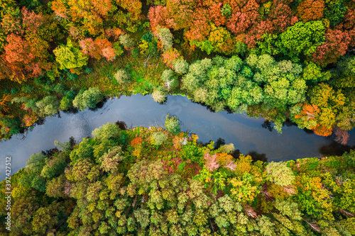 Top down view of winding autumn river in Poland
