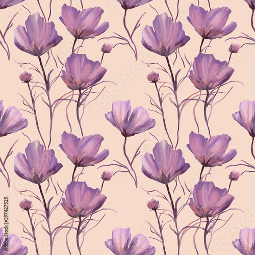 Seamless floral pattern with pansy, convolvulus and peonies,oil illustration.