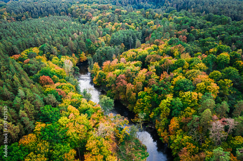 Top down view of winding autumn river