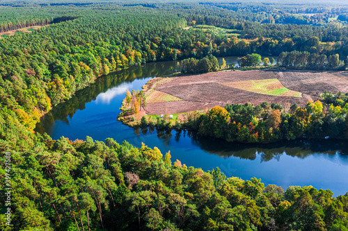 Blue river and colorful autumn forest in Poland  aerial view
