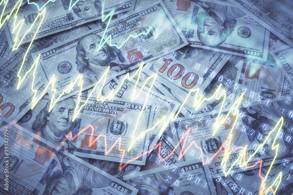 Double exposure of forex graph drawing over us dollars bill background. Concept of financial markets. Double exposure of forex graph drawing over us dollars bill background. Concept of financial markets.