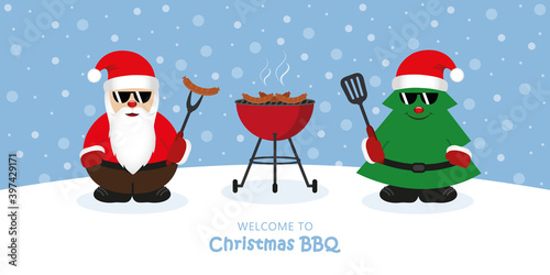 cute santa claus and fir with sunglasses at christmas bbq vector illustration EPS10