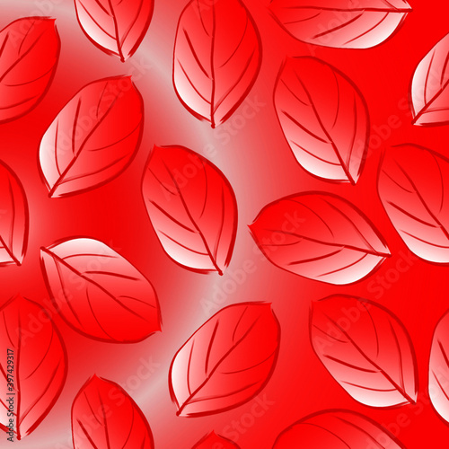 Seamless pattern of red autumn abstract falling leaves on a red background for textile.