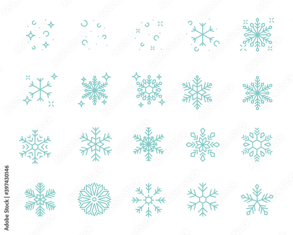 set of snowflake thin line icons, snow, winter, season set of snowflake thin line icons, snow, winter, season