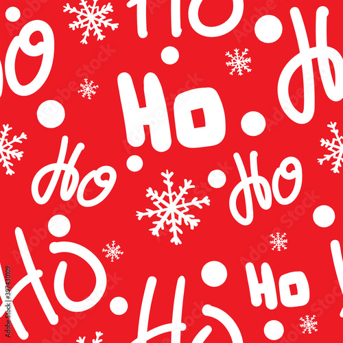 Christmas seamless pattern with text Ho-Ho-Ho and snowflakes. New year print. Festive vector illustration.