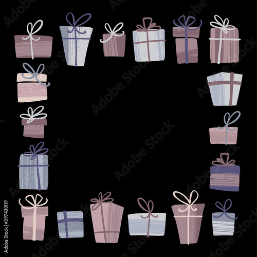 Christmas and Happy New Year gift boxes decorative frame.