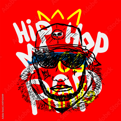 Sketch of rapper head against the background with crown and text Rap, Hip Hop. Drawn by hand. Stylish vector illustration.