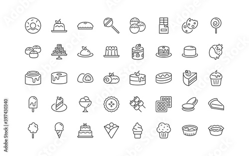 set of dessert thin line icons, sweet, cake, bakery, ice cream