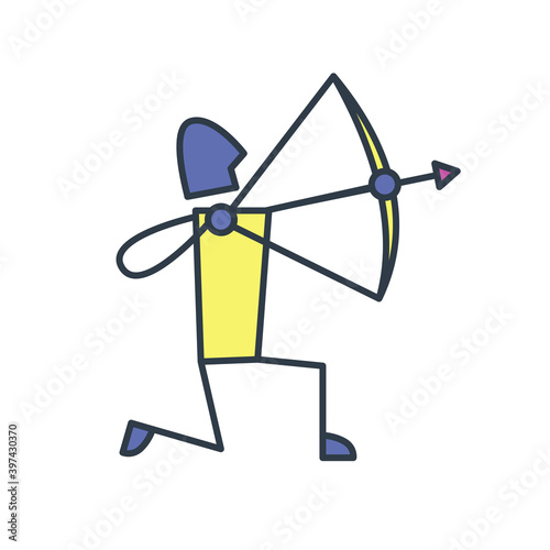 Archer icon. Colorful zodiac sign Sagittarius depiction a man with a bow and arrow. A man aims and pulls a bowstring. Astrology Illustration sign. Vector flat design icon