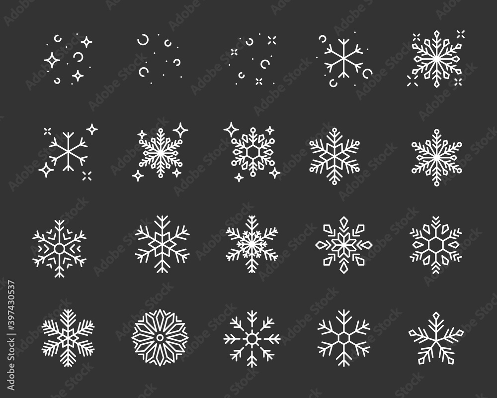 set of snowflake thin line icons, snow, winter, season set of snowflake thin line icons, snow, winter, season