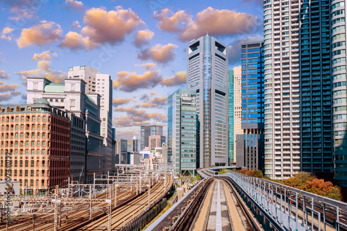 Japan. Panorama of Tokyo in the afternoon. Business center of the Japanese capital. The transport system of Tokyo. Transport routes are located on different levels. Railway and highway network.