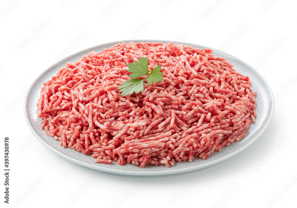 Minced meat served on a plate on a white background Minced meat served on a plate on a white background