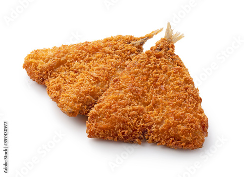 Obraz na plátně Fried horse mackerel placed on a white background