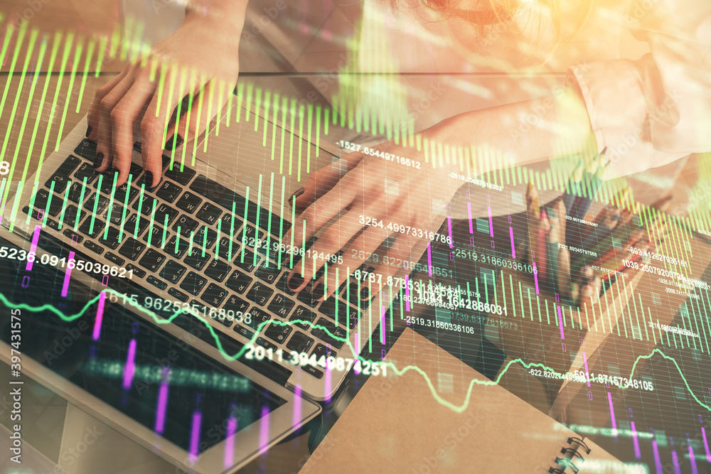 Double exposure of woman hands typing on computer and forex chart hologram drawing. Stock market invest concept. Double exposure of woman hands typing on computer and forex chart hologram drawing. Stock market invest concept.