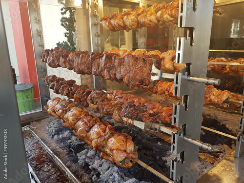 spit chickens barbeque meat traditional ethic greece