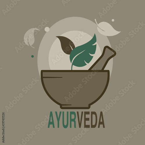 Ayurvedic Medicine Crusher. Mortar and pestle with text AYURVEDA. Alternative medicine concept. Flat style illustration. 