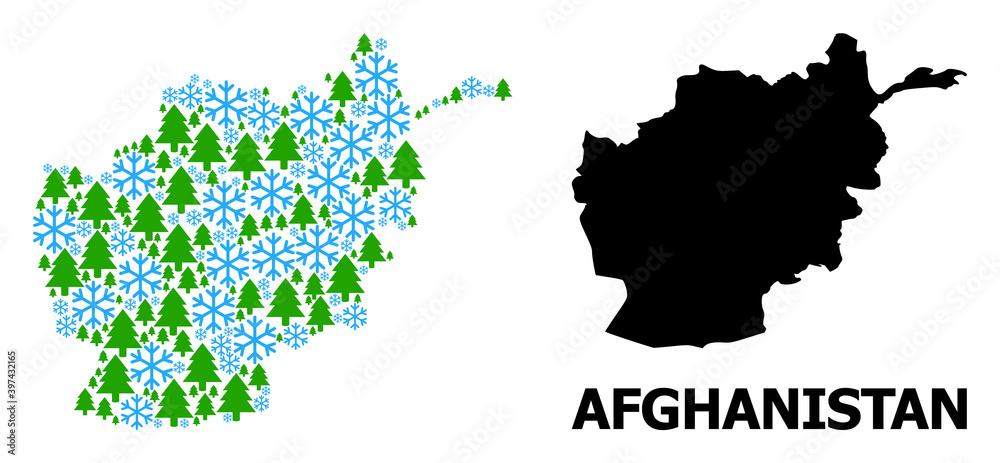 Vector mosaic map of Afghanistan created for New Year, Christmas, and winter. Mosaic map of Afghanistan is organized of snowflakes and fir-trees.