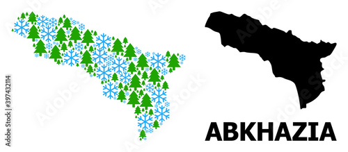 Vector mosaic map of Abkhazia created for New Year, Christmas, and winter. Mosaic map of Abkhazia is organized with snow and fir forest.