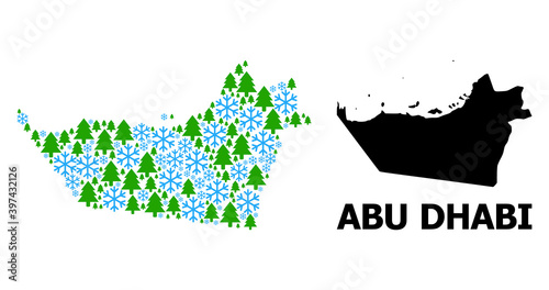 Vector mosaic map of Abu Dhabi Emirate done for New Year, Christmas, and winter. Mosaic map of Abu Dhabi Emirate is designed of snow flakes and fir trees.