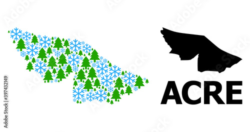Vector mosaic map of Acre State designed for New Year, Christmas, and winter. Mosaic map of Acre State is organized from snow flakes and fir-trees.