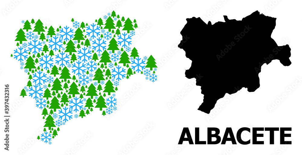 Obraz premium Vector composition map of Albacete Province designed for New Year, Christmas, and winter. Mosaic map of Albacete Province is designed with snow and fir forest.