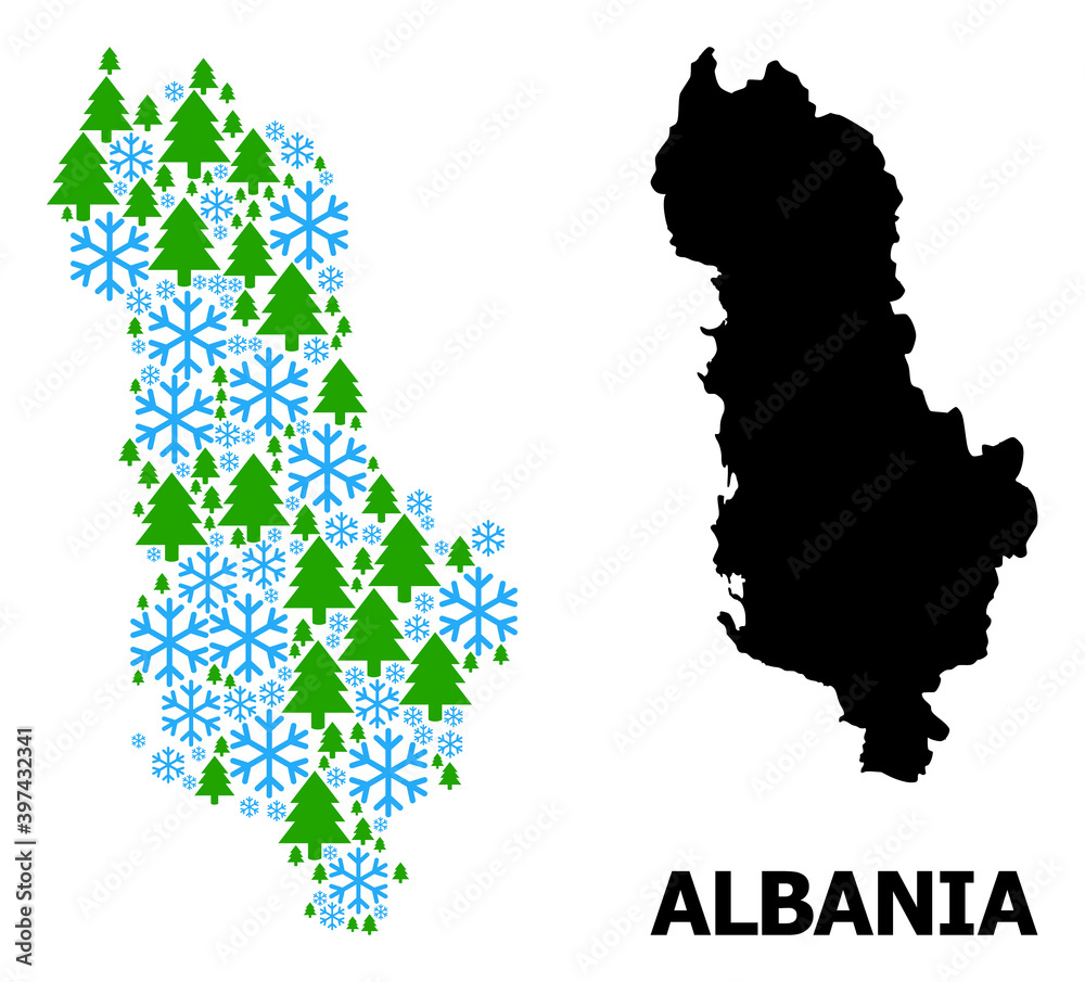 Obraz premium Vector mosaic map of Albania designed for New Year, Christmas, and winter. Mosaic map of Albania is designed of snowflakes and fir-trees.