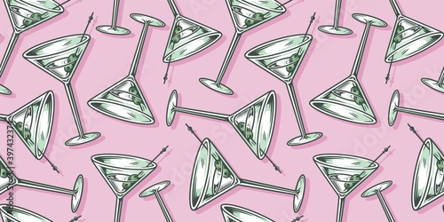 Pattern wallpaper of alcohol cocktail martini with olive bar design