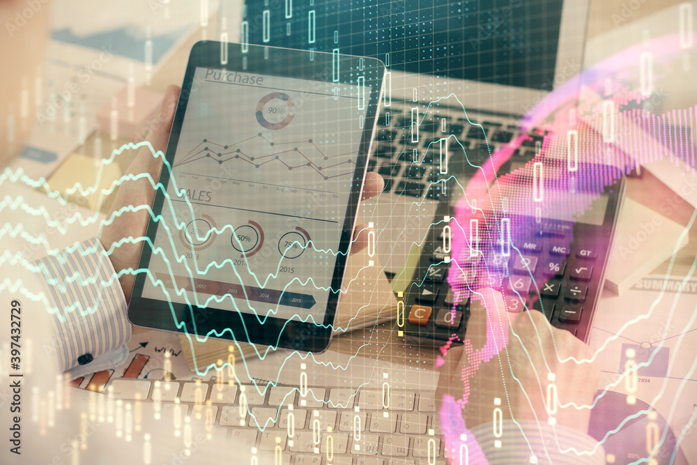 Double exposure of man's hands holding and using a digital device and forex graph drawing. Financial market concept. Double exposure of man's hands holding and using a digital device and forex graph drawing. Financial market concept.