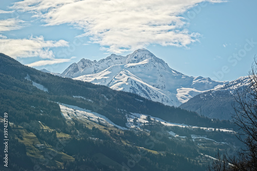 Mountain peak in snow against blue sky, Ziller Valle in, Austria