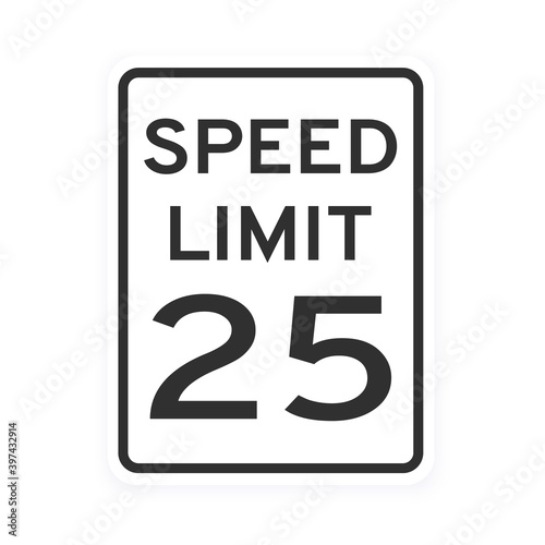 Speed limit 25 road traffic icon sign flat style design vector illustration isolated on white background. Vertical standard road sign with text and number 25.