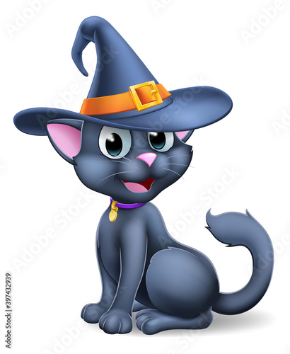 A Halloween black cat wearing a witchs hat cartoon character photo