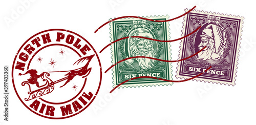 Santa Claus Christmas letter postage stamps and post mark or postmark reading North Pole Air Mail. With Father Christmas and his sled or sleigh. Stamps in a retro vintage woodcut style.
