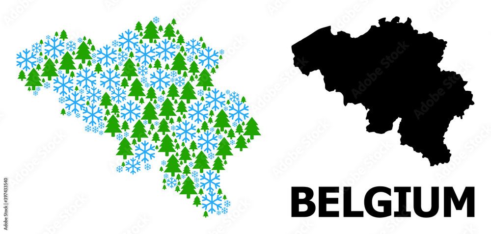 Vector mosaic map of Belgium designed for New Year, Christmas, and winter. Mosaic map of Belgium is organized from snow and fir-trees.