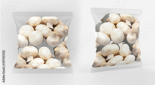Potatoes Plastic packaging for vegetables. Transparent bag for new design. 3d illustration