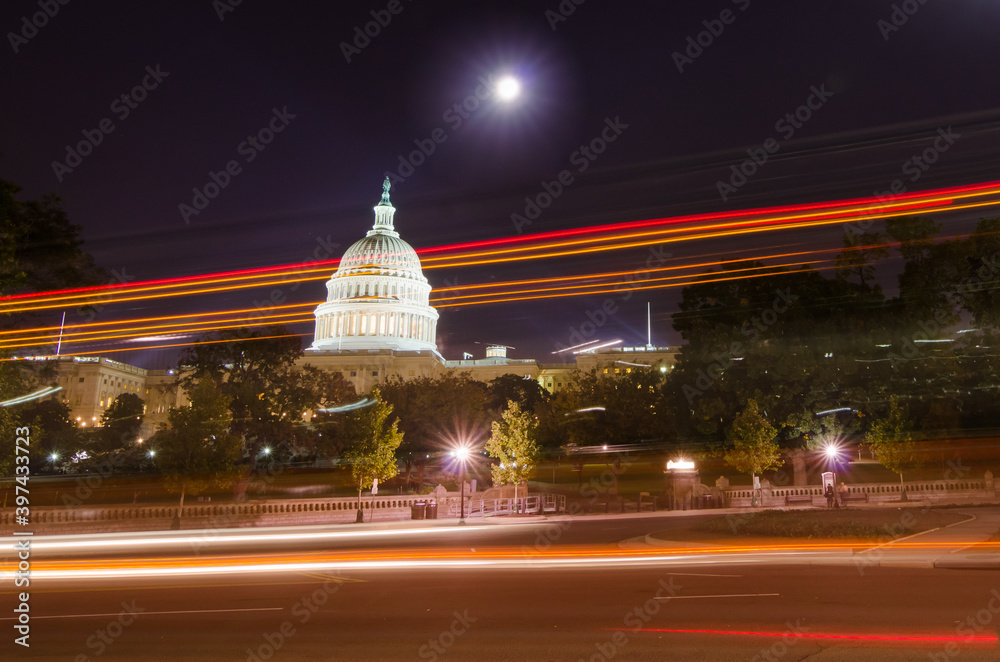 U.S. Capitol and car lights trails at night - Washington D..C. United  States of America