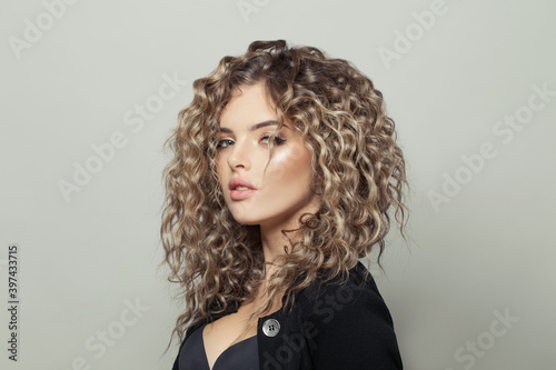 Curly hair woman on white background