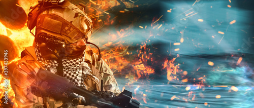 special forces soldier in battlefield . modern warfare.