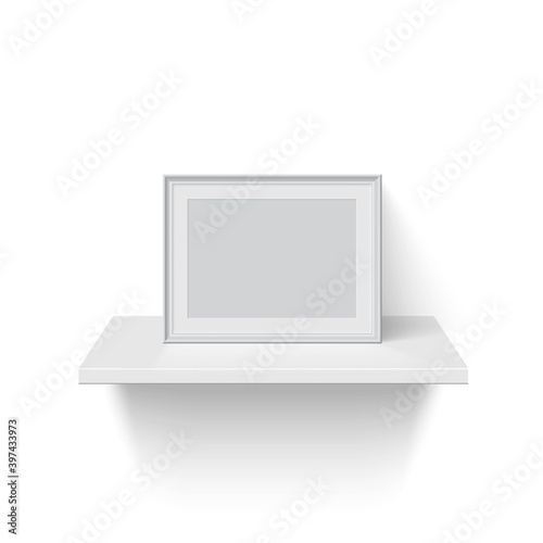 Frame for picture on white shelf. Blank horizontal space for picture, painting, card or photo. 3d realistic modern template vector illustration. Simple office object on white background