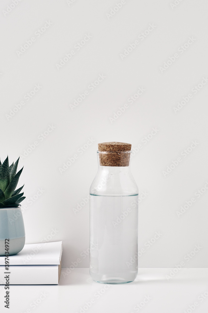 A transparent bottle with a cork stopper and houseplant on a white background. Natural and eco-friendly materials in interior decor. Copy space, mock up A transparent bottle with a cork stopper and houseplant on a white background. Natural and eco-friendly materials in interior decor. Copy space, mock up