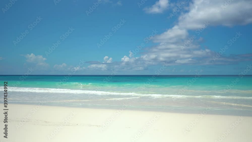 Exotic beach by the ocean with rolling waves on the sandy shore and blue sky Exotic beach by the ocean with rolling waves on the sandy shore and blue sky