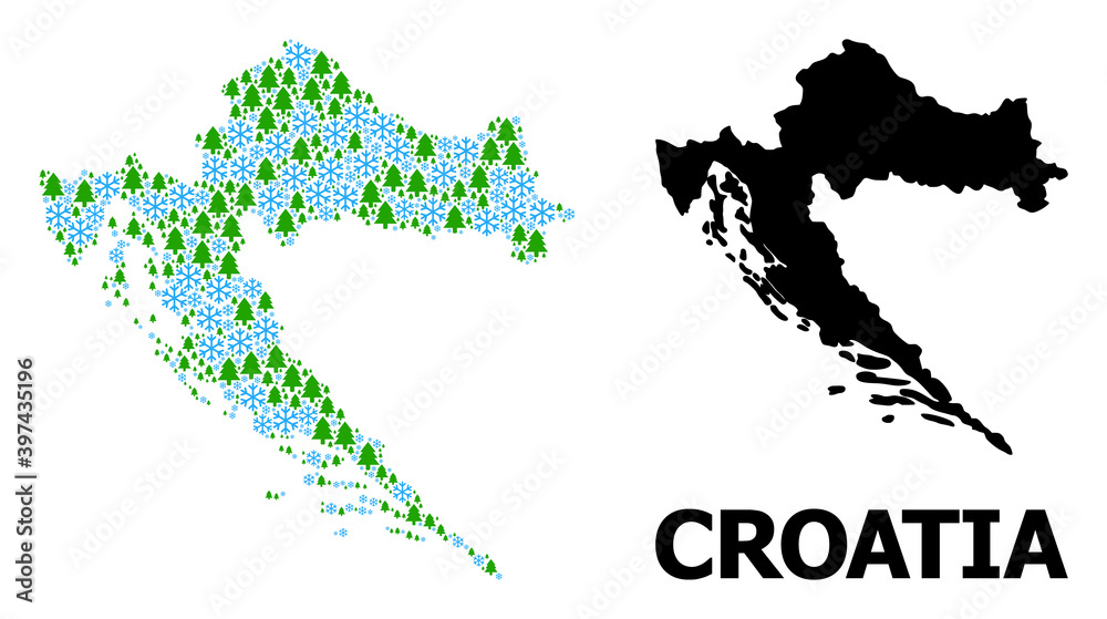 Vector mosaic map of Croatia designed for New Year, Christmas, and winter. Mosaic map of Croatia is constructed of snow flakes and fir-trees.