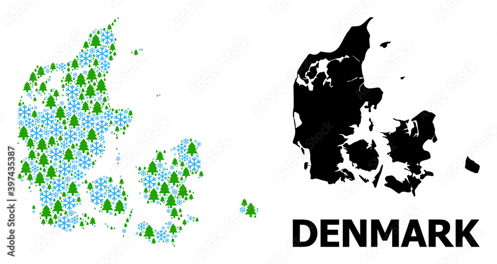 Vector mosaic map of Denmark constructed for New Year, Christmas, and winter. Mosaic map of Denmark is constructed from snow flakes and fir trees.