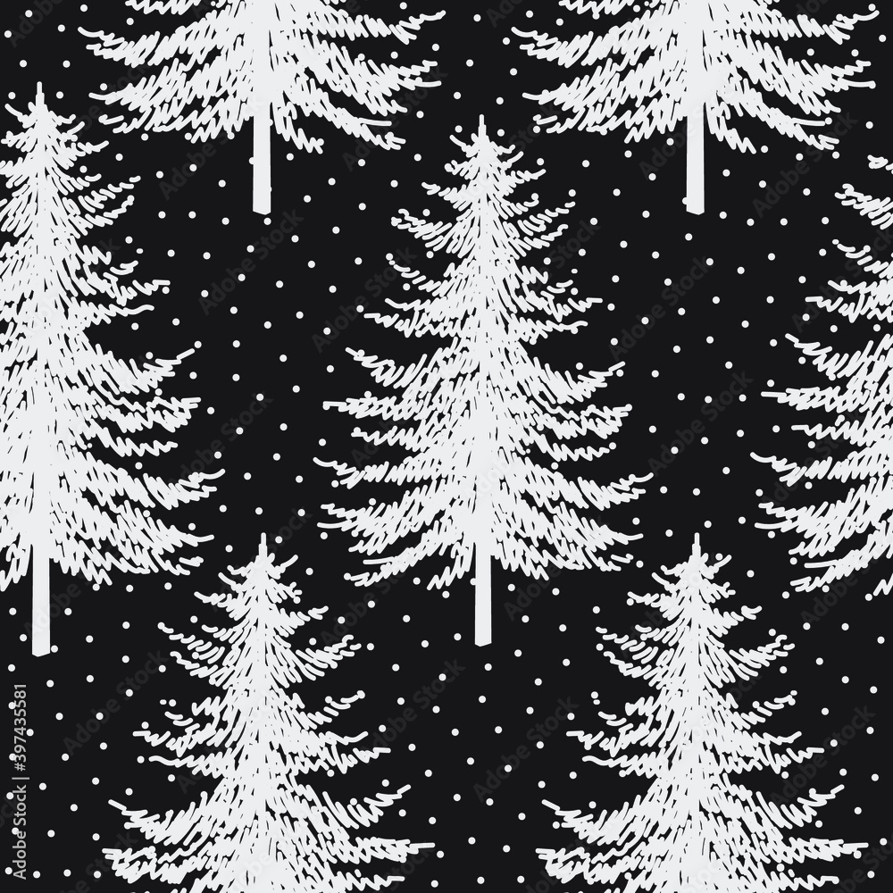 Obraz premium Christmas tree seamless pattern. Noel watercolor print, New year winter holiday decoration, silver christmas background with firs and white snow on black, wallpaper, wrapping paper design