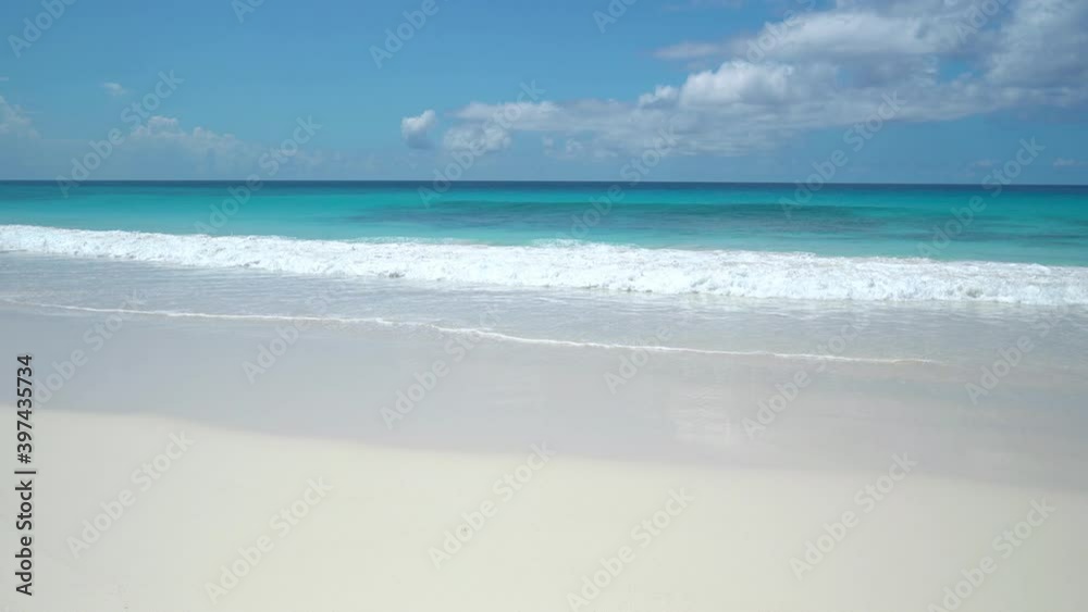 Exotic beach by the ocean with rolling waves on the sandy shore and blue sky Exotic beach by the ocean with rolling waves on the sandy shore and blue sky