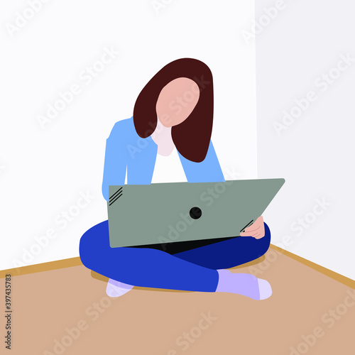 Woman or girl sitting and working at laptop. Remote work or communication over the Internet. Cartoon female character. Simple and clear flat illustration.
