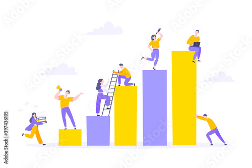 Career climbing and supporting with giving a helping hand business concept flat style design vector illustration. Collective teamwork and partnership or mentoring metaphor.