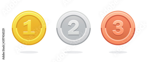 First place. Second place. Third place. Golden medal. Coin icon. Vector money symbol. Bank payment symbol. Golden coin. Achievement badge. Reward badge. Tokens with numbers. 1st, 2nd, 3rd places award
