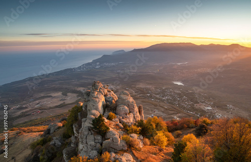 Fototapeta Naklejka Na Ścianę i Meble -  Sunset on a mountain landscape background. Natural background.