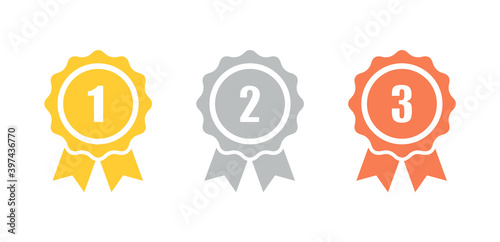 Certificate icon. Premium quality. Achievement badge. Quality mark. Award badge. First place. Second place. Third place. Achievement or award grant. Gold medal. Symbol of victory. Reward badge.