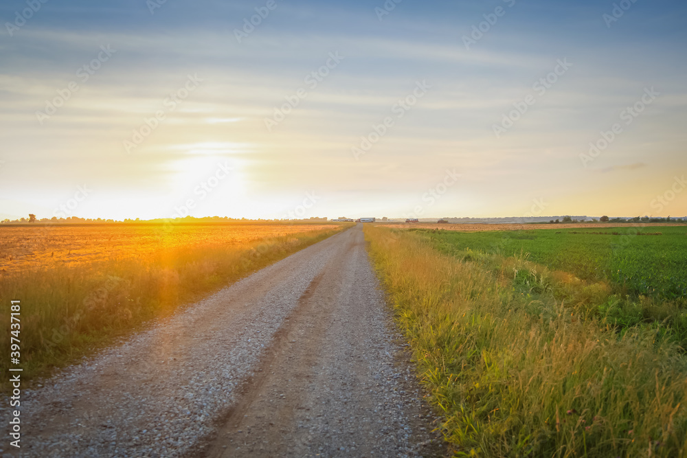 Naklejka premium farm equipment on dirt road through fields under evening sun light 